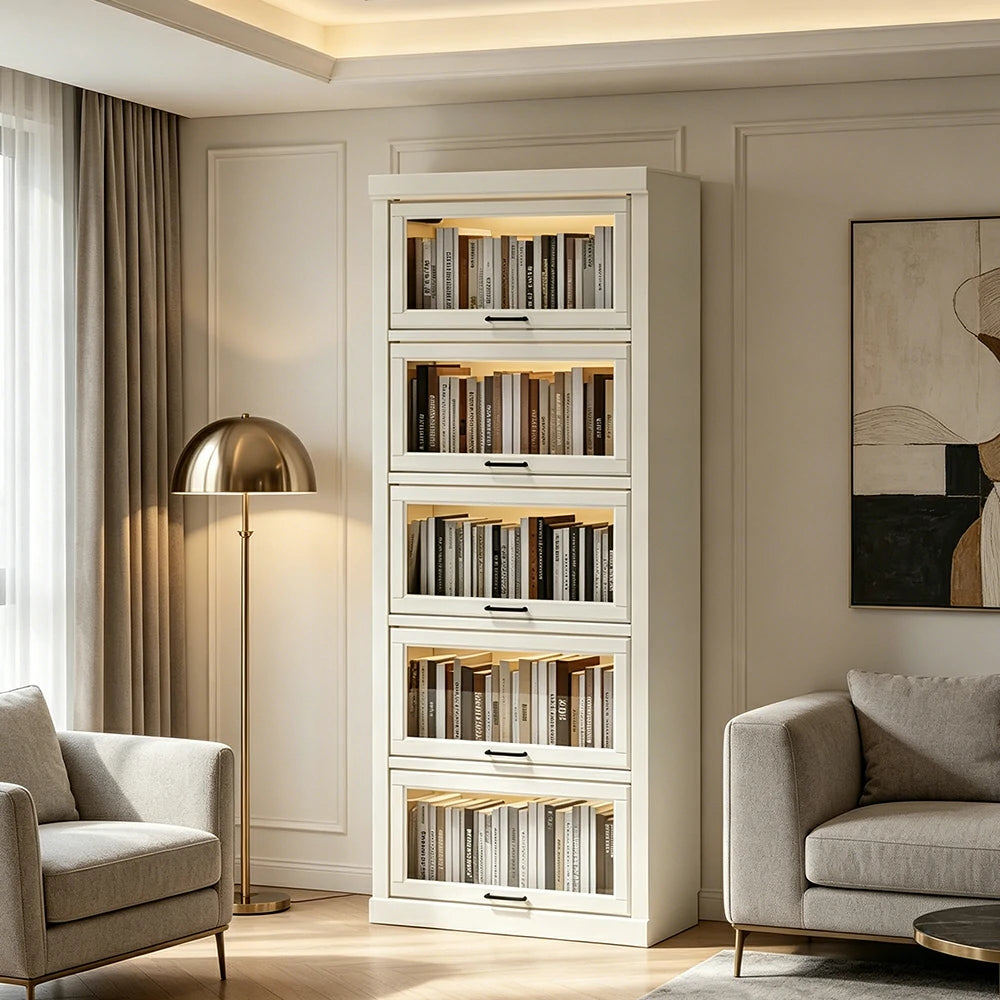 LUXORA Tall Storage Cabinet Solid Wood Flip Up Door Display Shelf for Living Room Study & Leisure Spaces - White