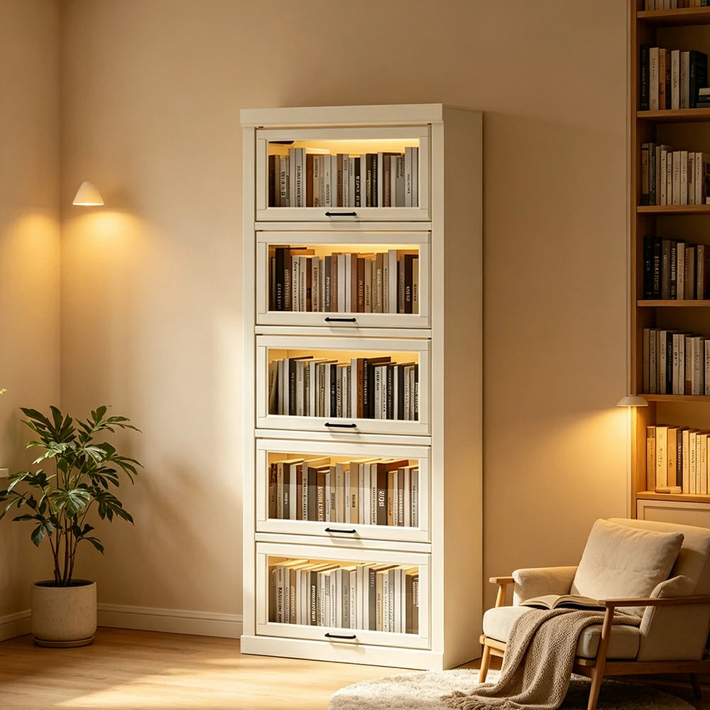 LUXORA Tall Storage Cabinet Solid Wood Flip Up Door Display Shelf for Living Room Study & Leisure Spaces - White