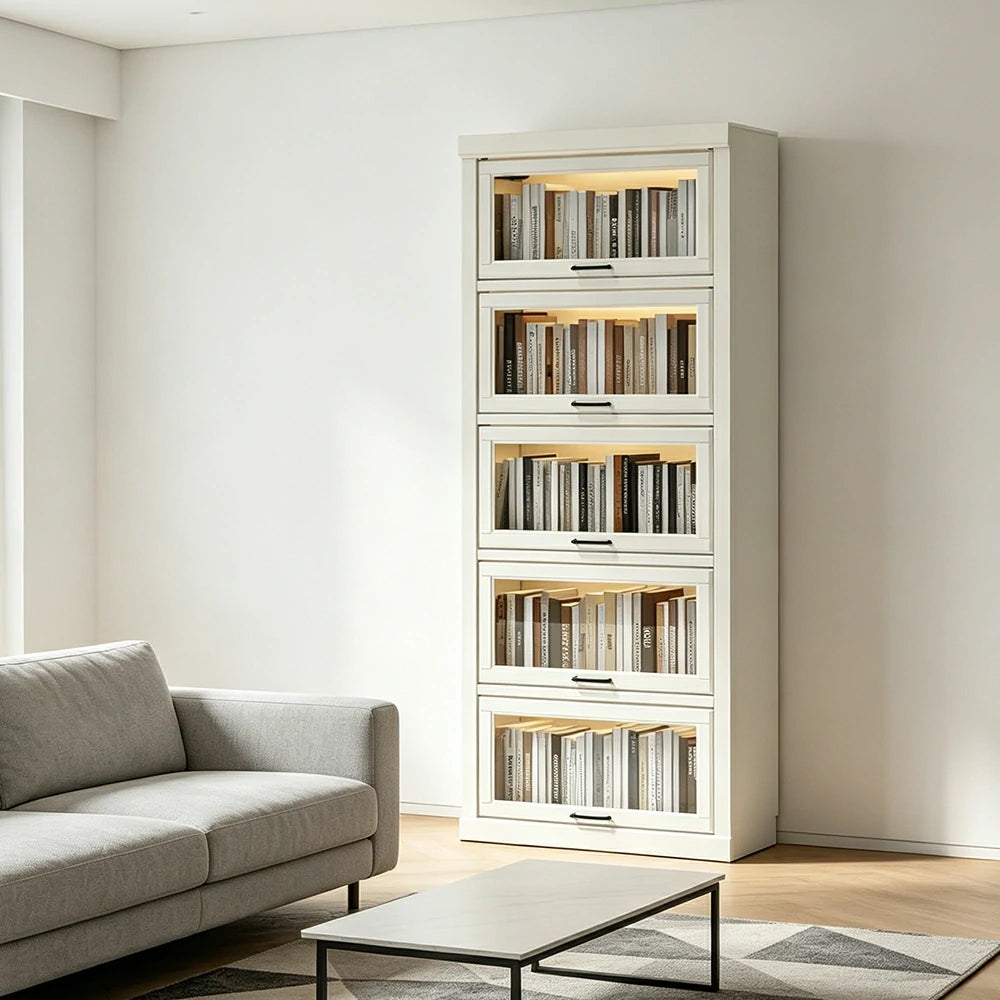 LUXORA Tall Storage Cabinet Solid Wood Flip Up Door Display Shelf for Living Room Study & Leisure Spaces - White