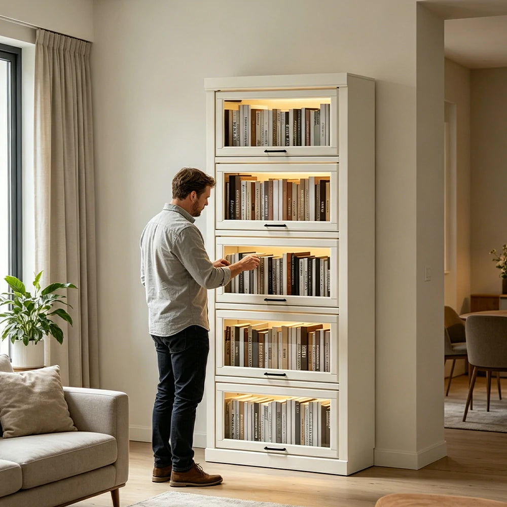 LUXORA Tall Storage Cabinet Solid Wood Flip Up Door Display Shelf for Living Room Study & Leisure Spaces - White