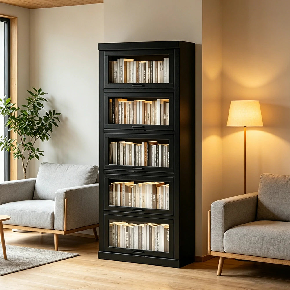 LUXORA Tall Storage Cabinet Solid Wood Flip Up Door Display Shelf for Living Room Study & Leisure Spaces - Black