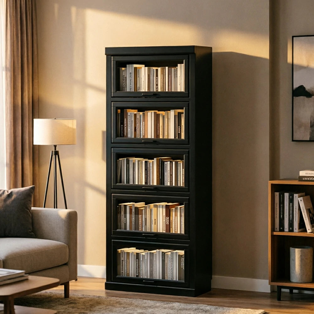 LUXORA Tall Storage Cabinet Solid Wood Flip Up Door Display Shelf for Living Room Study & Leisure Spaces - Black