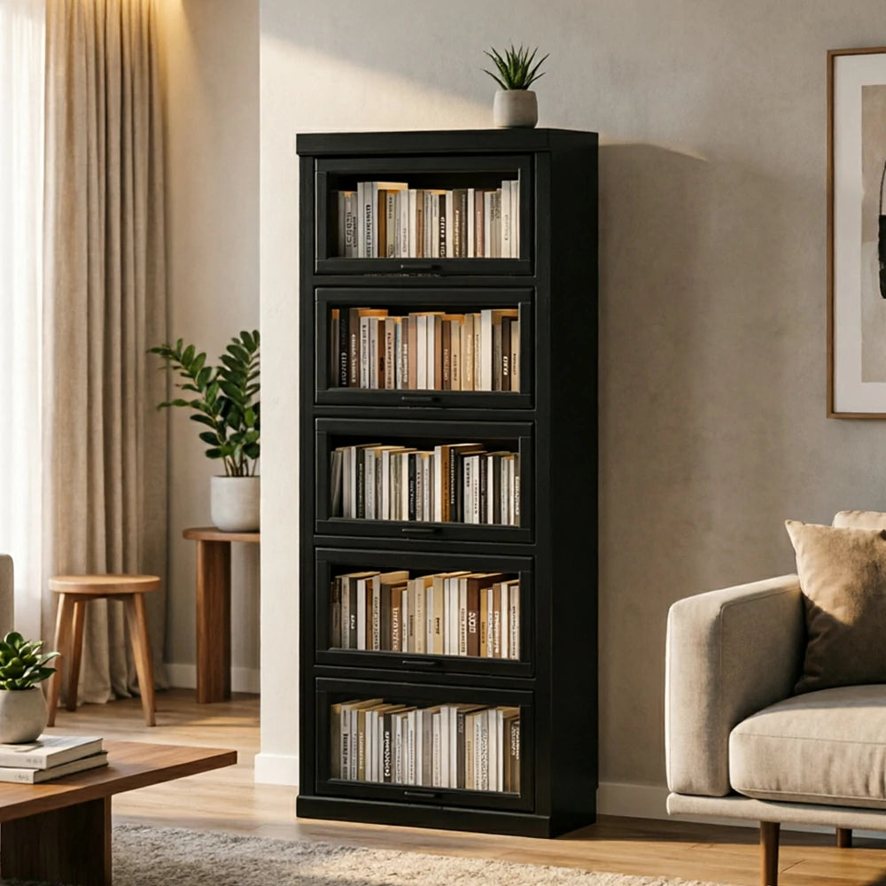 LUXORA Tall Storage Cabinet Solid Wood Flip Up Door Display Shelf for Living Room Study & Leisure Spaces - Black