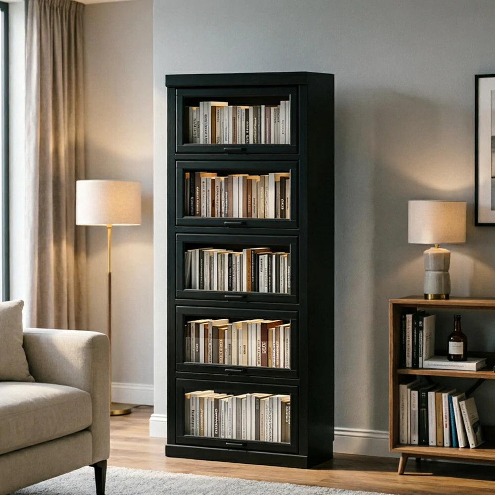 LUXORA Tall Storage Cabinet Solid Wood Flip Up Door Display Shelf for Living Room Study & Leisure Spaces - Black