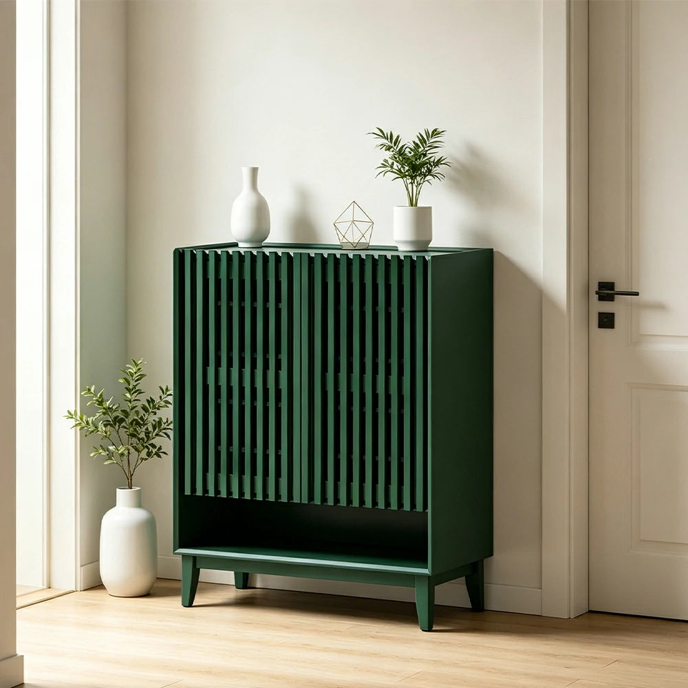 LUXORA Slatted Door Shoe Cabinet Solid Wood Adjustable Storage for Entryway Hallway & Bedroom - Green