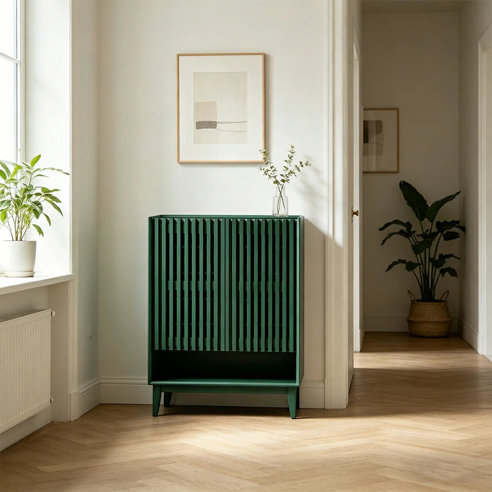 LUXORA Slatted Door Shoe Cabinet Solid Wood Adjustable Storage for Entryway Hallway & Bedroom - Green