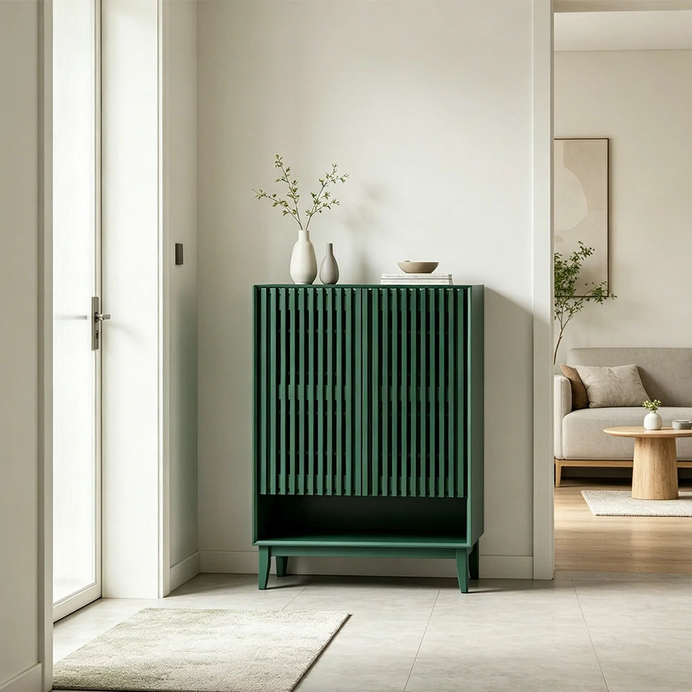 LUXORA Slatted Door Shoe Cabinet Solid Wood Adjustable Storage for Entryway Hallway & Bedroom - Green