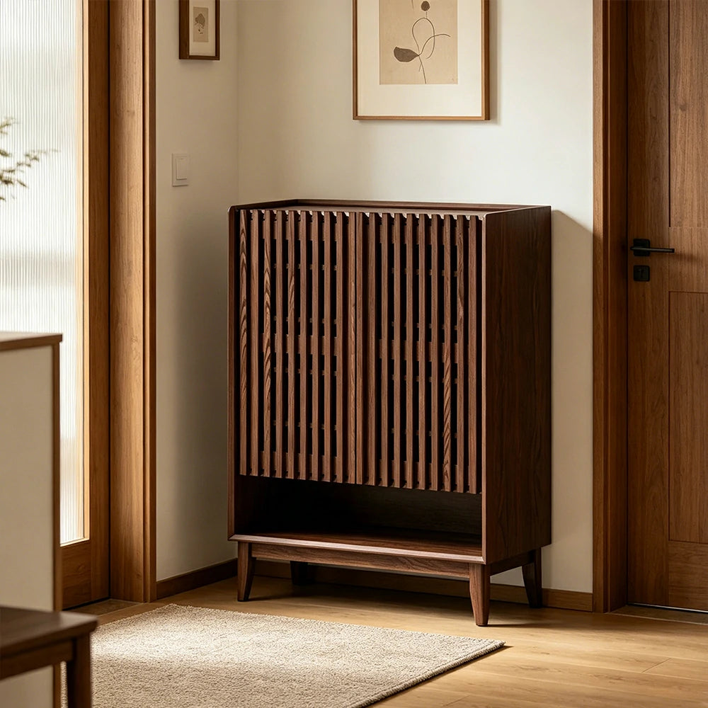 LUXORA Slatted Door Shoe Cabinet Solid Wood Adjustable Storage for Entryway Hallway & Bedroom - Walnut