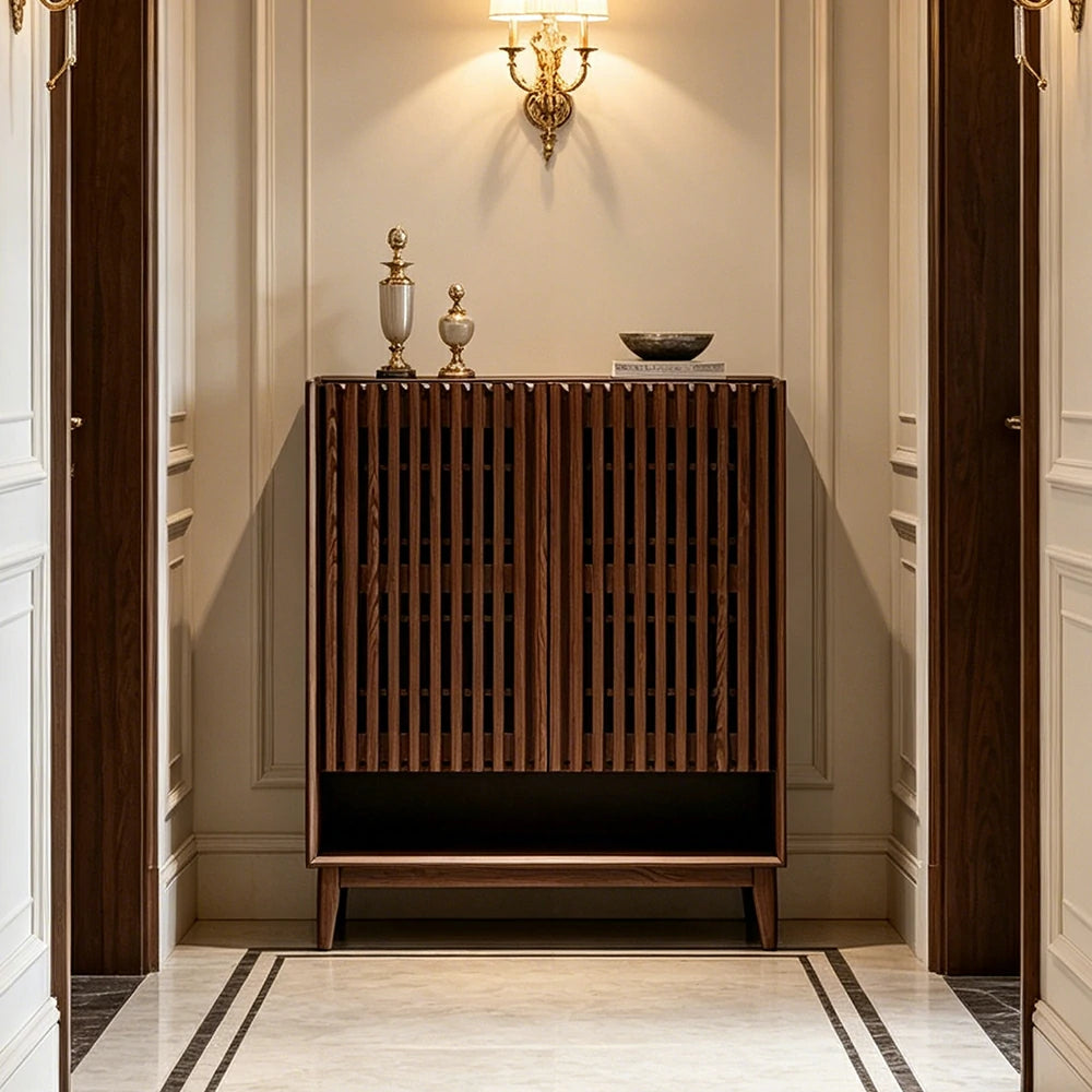 LUXORA Slatted Door Shoe Cabinet Solid Wood Adjustable Storage for Entryway Hallway & Bedroom - Walnut