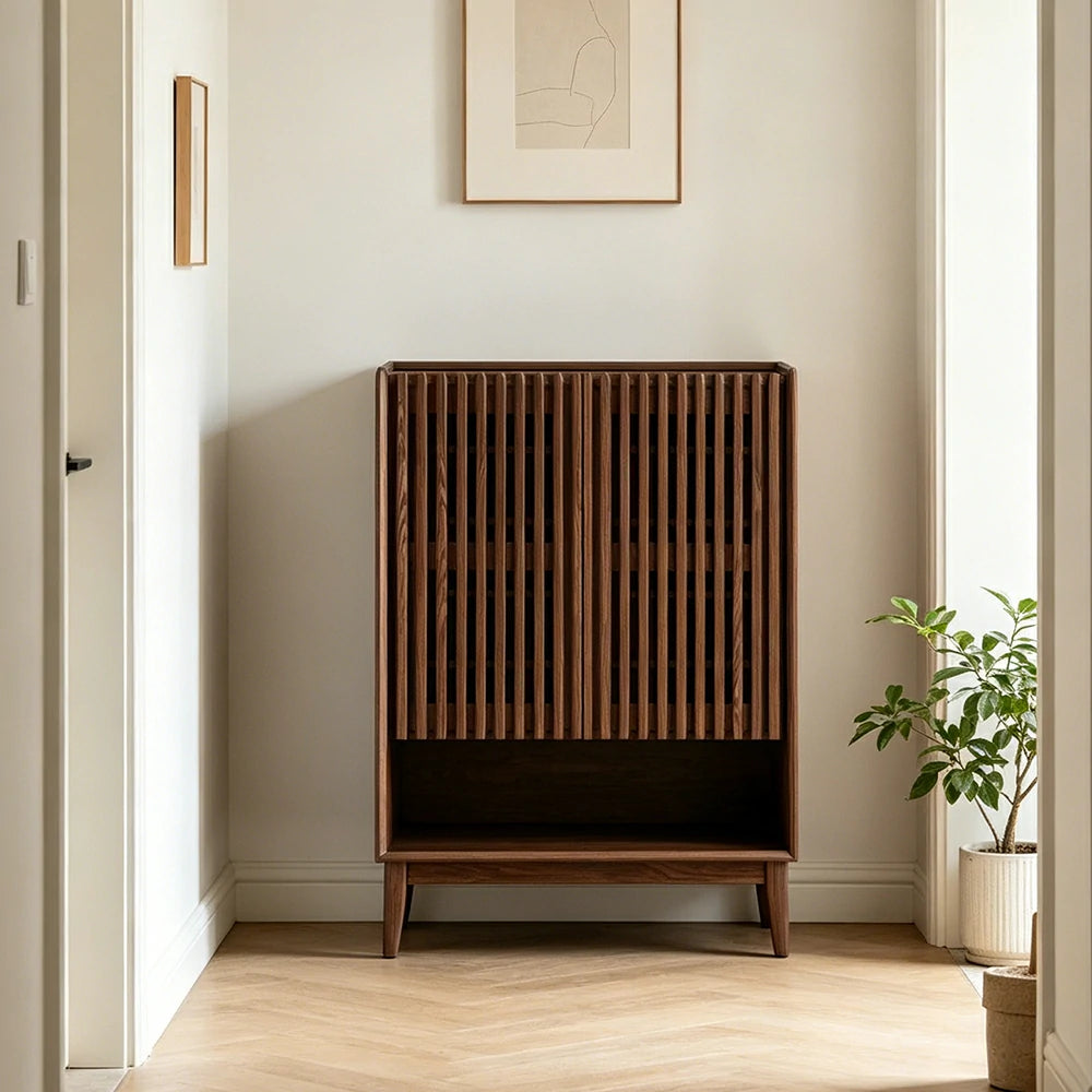 LUXORA Slatted Door Shoe Cabinet Solid Wood Adjustable Storage for Entryway Hallway & Bedroom - Walnut