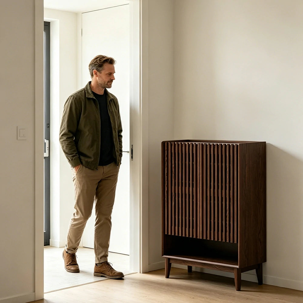 LUXORA Slatted Door Shoe Cabinet Solid Wood Adjustable Storage for Entryway Hallway & Bedroom - Walnut