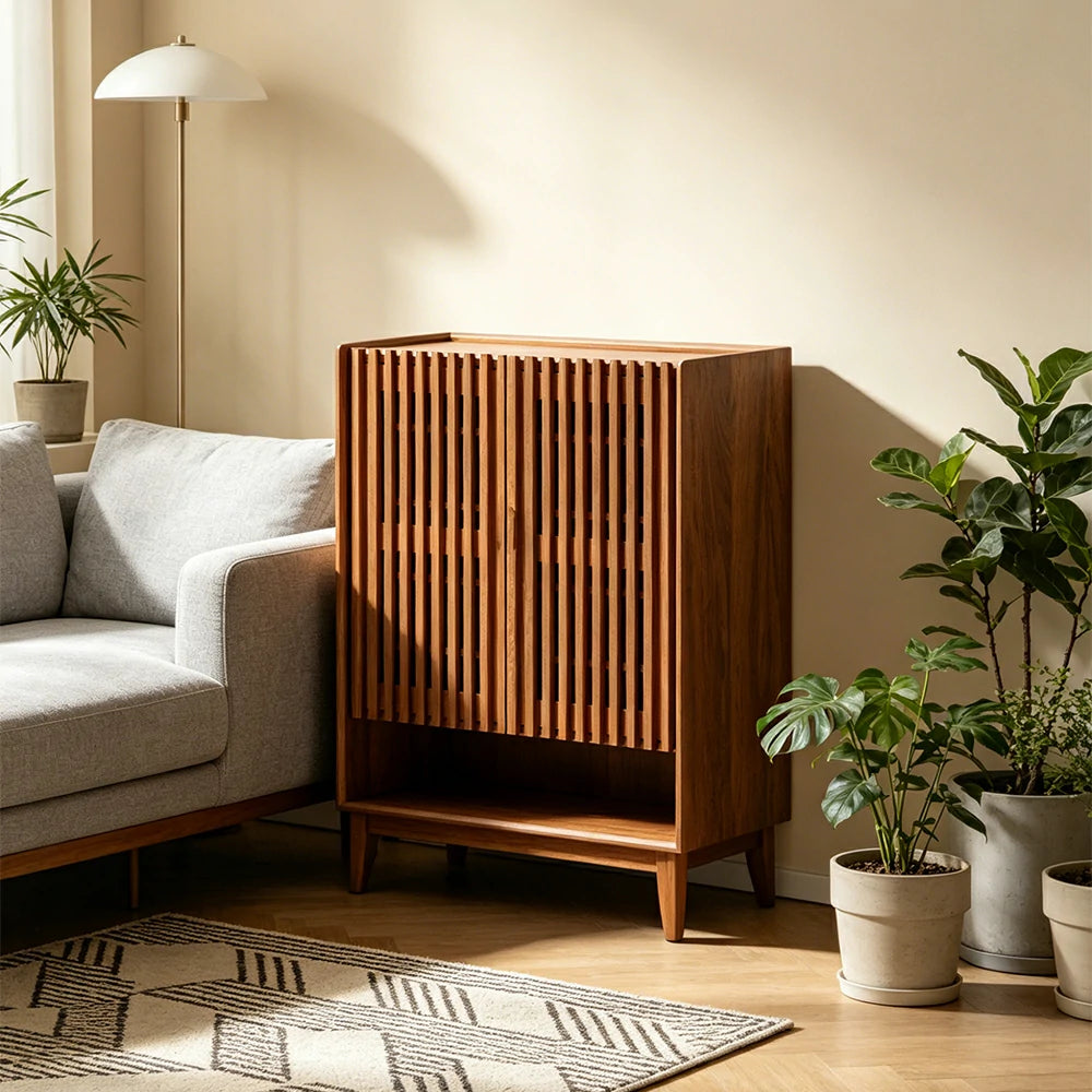 LUXORA Slatted Door Shoe Cabinet Solid Wood Adjustable Storage for Entryway Hallway & Bedroom - Cherry
