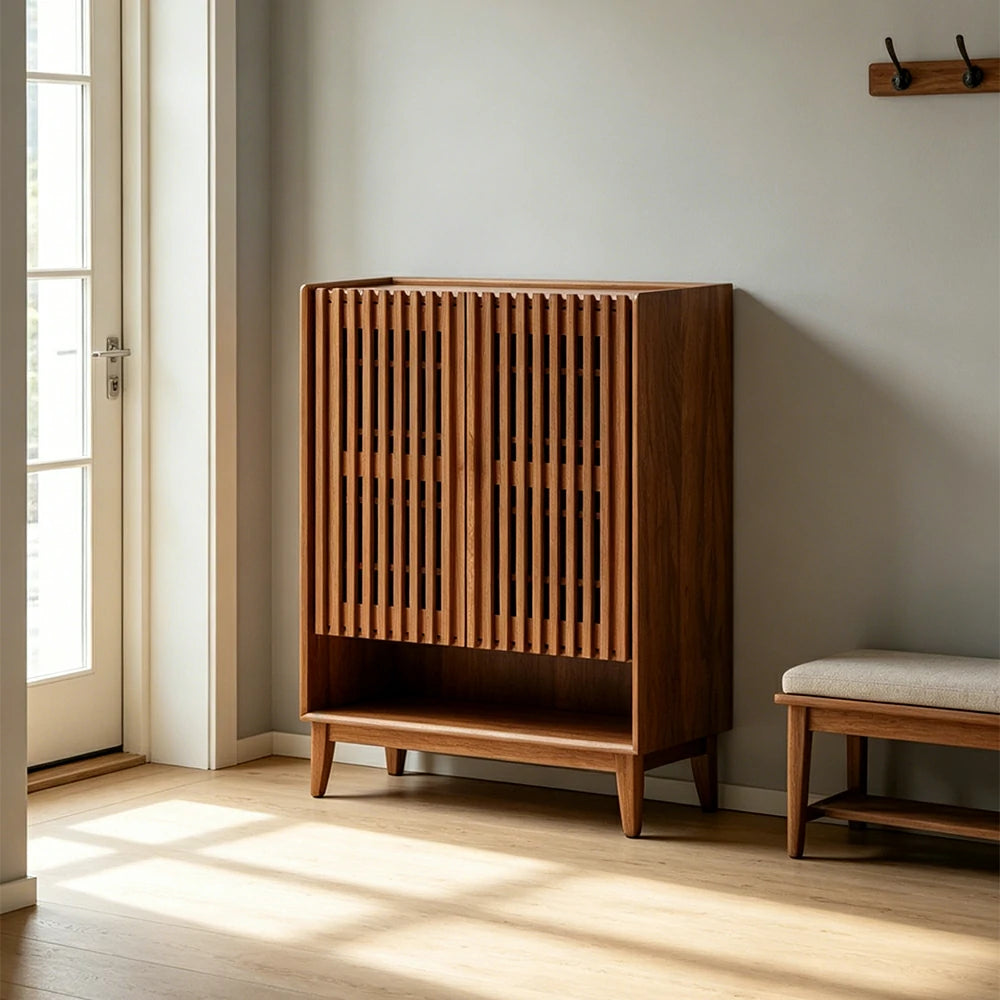 LUXORA Slatted Door Shoe Cabinet Solid Wood Adjustable Storage for Entryway Hallway & Bedroom - Cherry