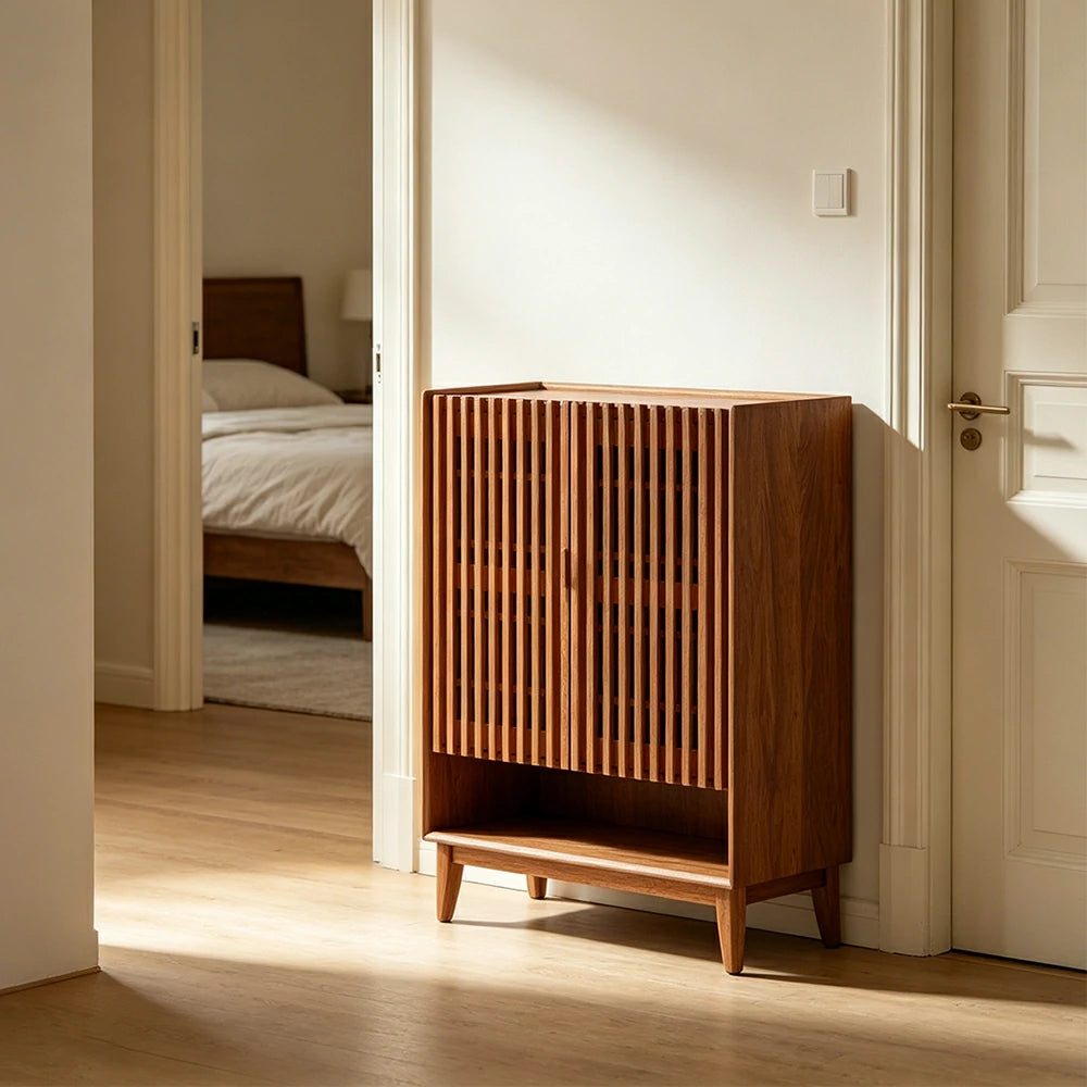 LUXORA Slatted Door Shoe Cabinet Solid Wood Adjustable Storage for Entryway Hallway & Bedroom - Cherry