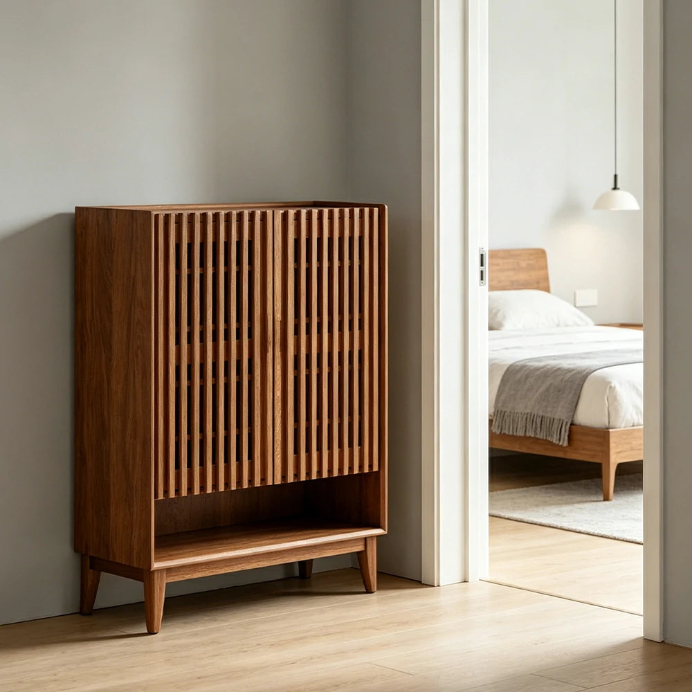 LUXORA Slatted Door Shoe Cabinet Solid Wood Adjustable Storage for Entryway Hallway & Bedroom - Cherry