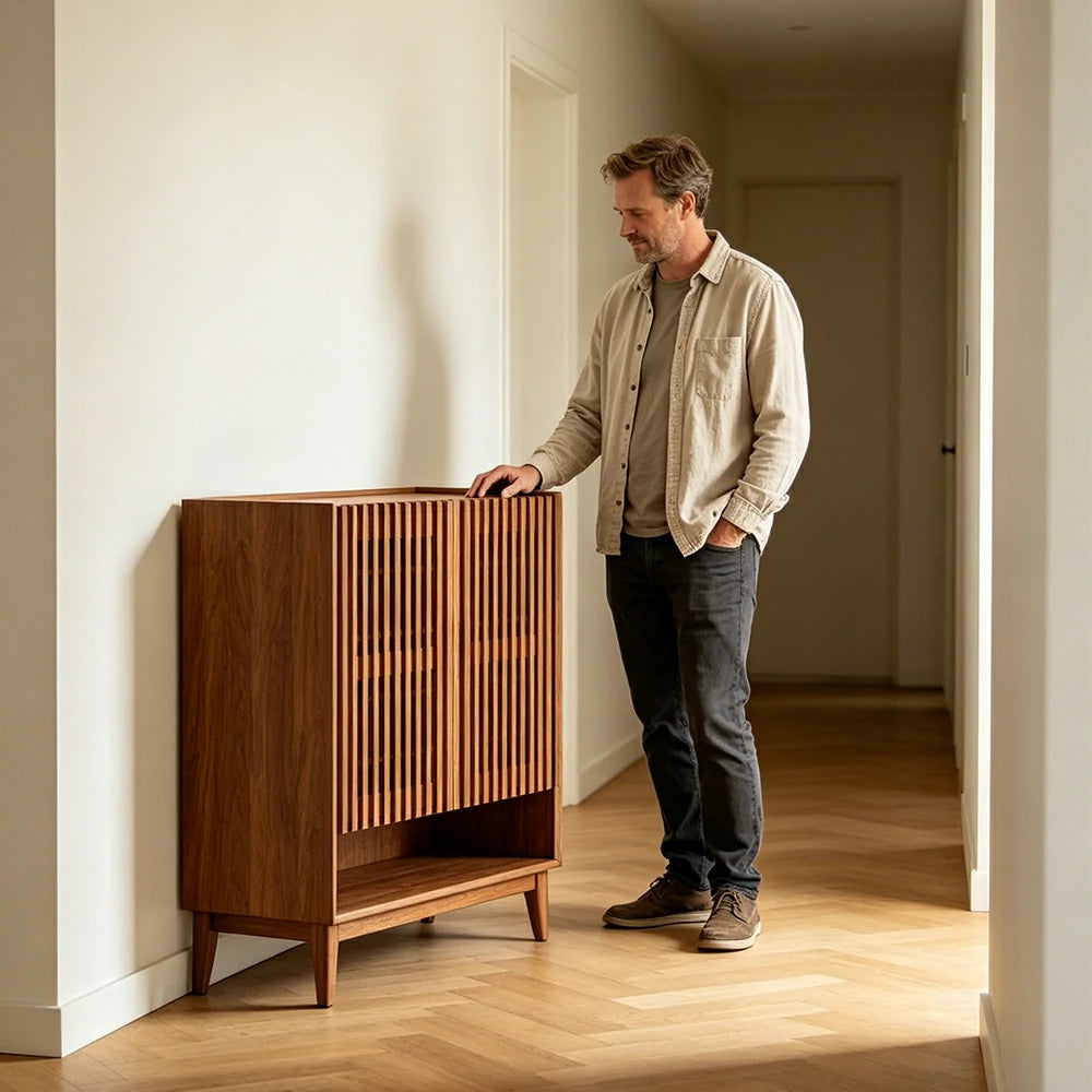LUXORA Slatted Door Shoe Cabinet Solid Wood Adjustable Storage for Entryway Hallway & Bedroom - Cherry