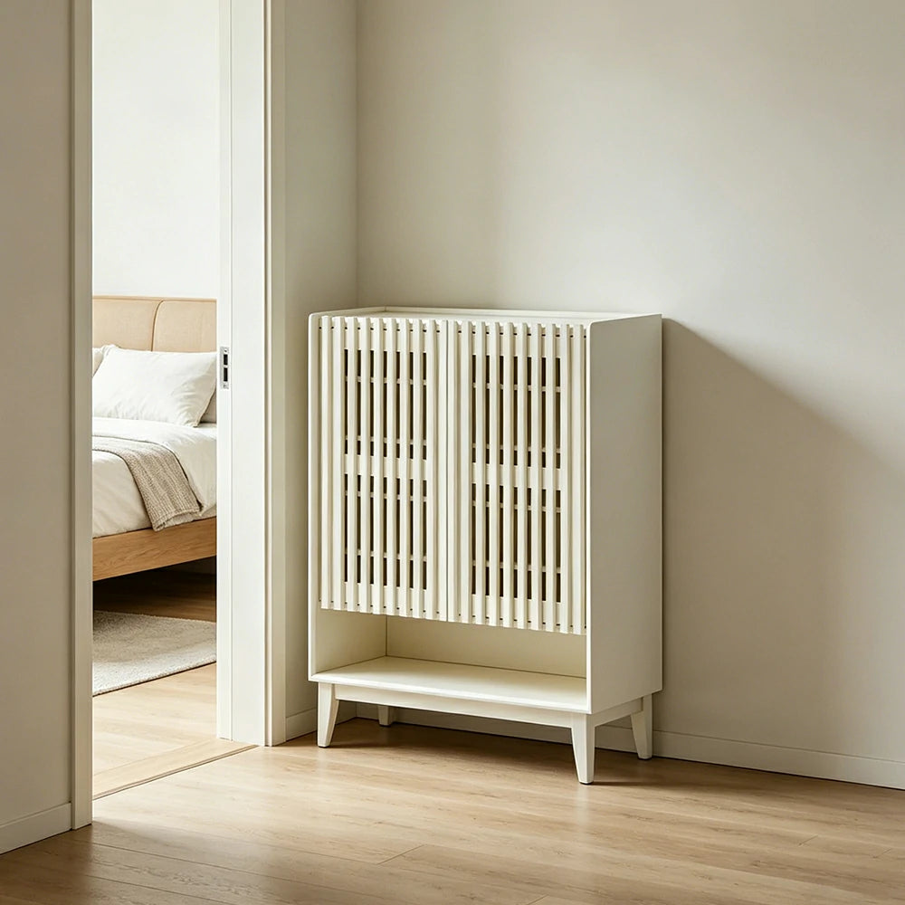 LUXORA Slatted Door Shoe Cabinet Solid Wood Adjustable Storage for Entryway Hallway & Bedroom - White
