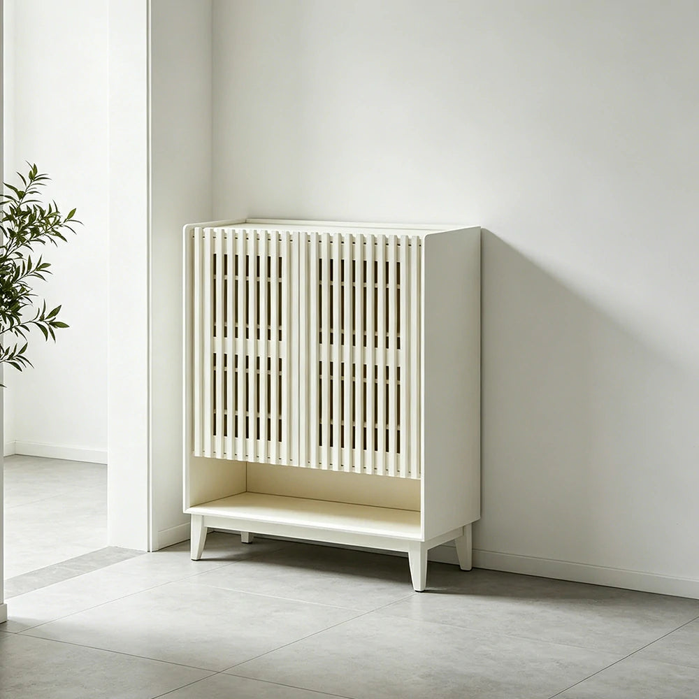 LUXORA Slatted Door Shoe Cabinet Solid Wood Adjustable Storage for Entryway Hallway & Bedroom - White
