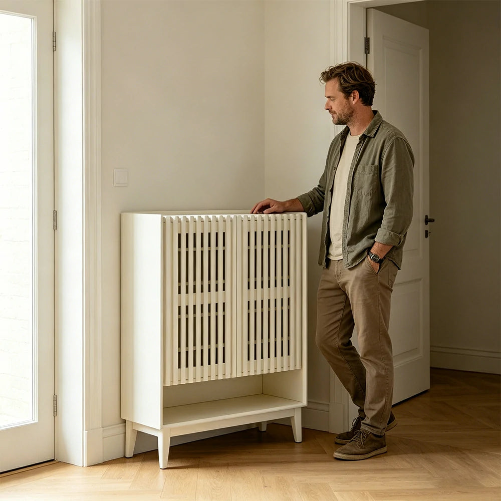 LUXORA Slatted Door Shoe Cabinet Solid Wood Adjustable Storage for Entryway Hallway & Bedroom - White