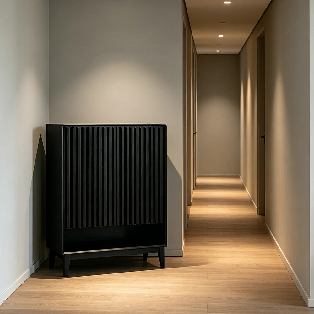 LUXORA Slatted Door Shoe Cabinet Solid Wood Adjustable Storage for Entryway Hallway & Bedroom - Black