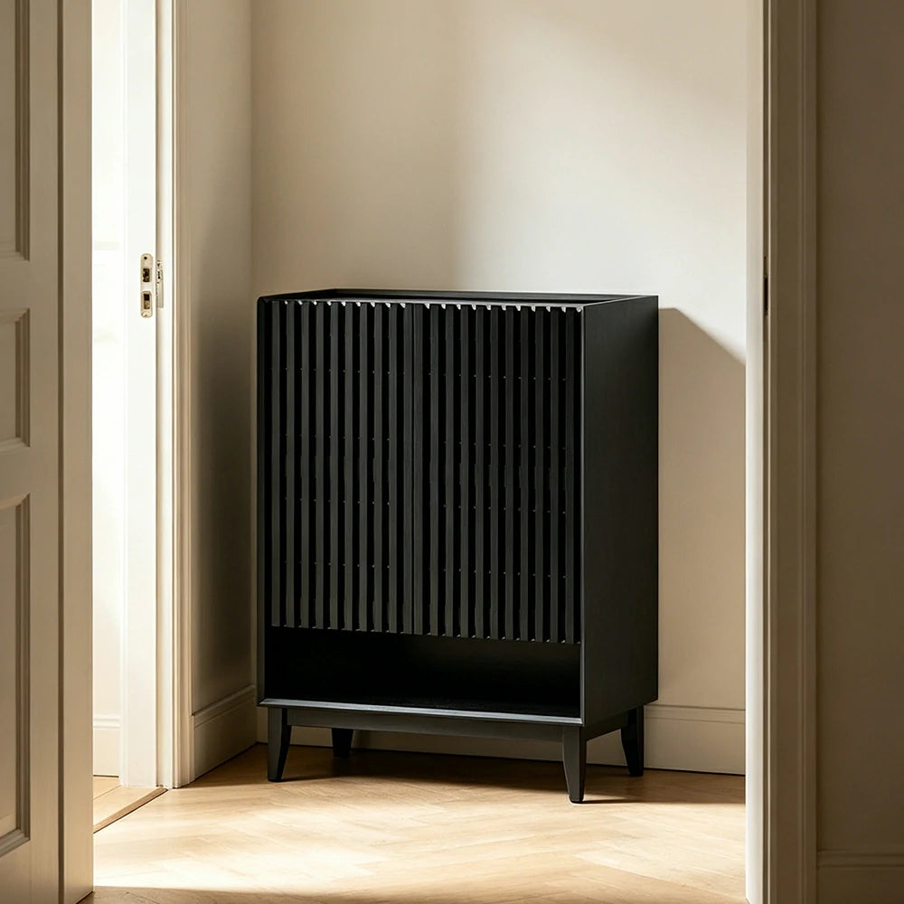 LUXORA Slatted Door Shoe Cabinet Solid Wood Adjustable Storage for Entryway Hallway & Bedroom - Black