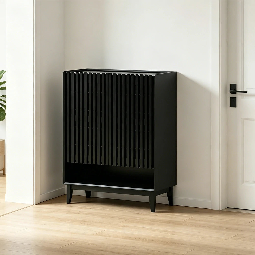 LUXORA Slatted Door Shoe Cabinet Solid Wood Adjustable Storage for Entryway Hallway & Bedroom - Black