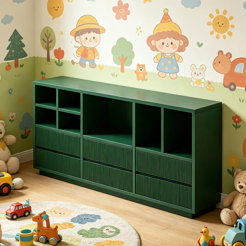 LUXORA Solid Wood Combination Cabinet FAS Rubber Wood Multi Zone Storage for Living Room Kids Room & Study - Green