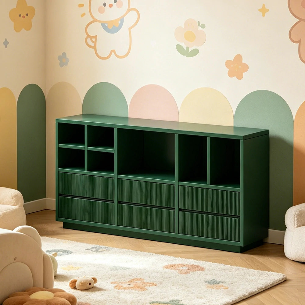 LUXORA Solid Wood Combination Cabinet FAS Rubber Wood Multi Zone Storage for Living Room Kids Room & Study - Green