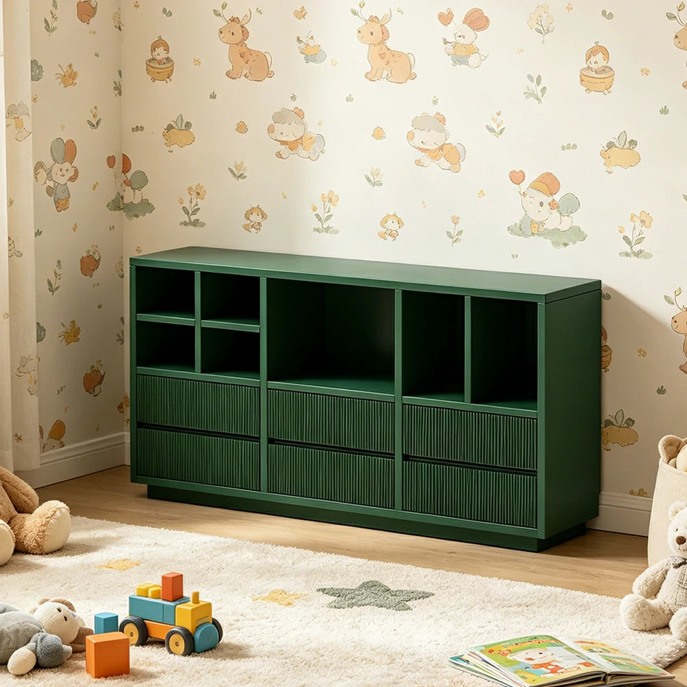 LUXORA Solid Wood Combination Cabinet FAS Rubber Wood Multi Zone Storage for Living Room Kids Room & Study - Green