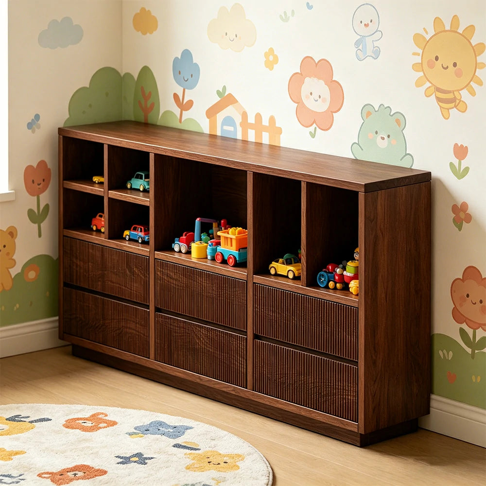 LUXORA Solid Wood Combination Cabinet FAS Rubber Wood Multi Zone Storage for Living Room Kids Room & Study - Walnut
