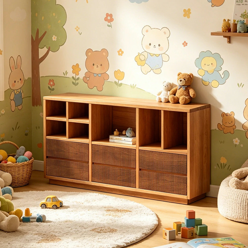 LUXORA Solid Wood Combination Cabinet FAS Rubber Wood Multi Zone Storage for Living Room Kids Room & Study - Cherry