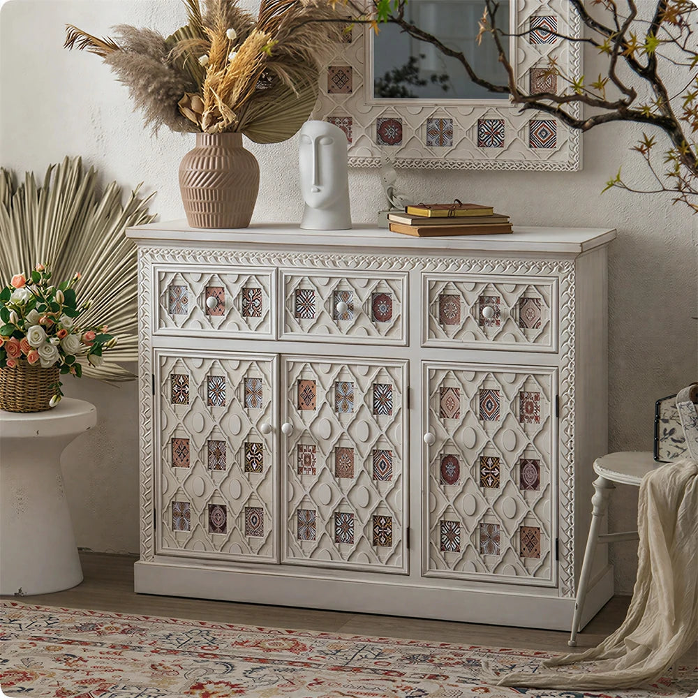 LUXORA Vintage Distressed Carved Entryway Cabinet with Patterned Doors 120cm Living Room Sideboard - White