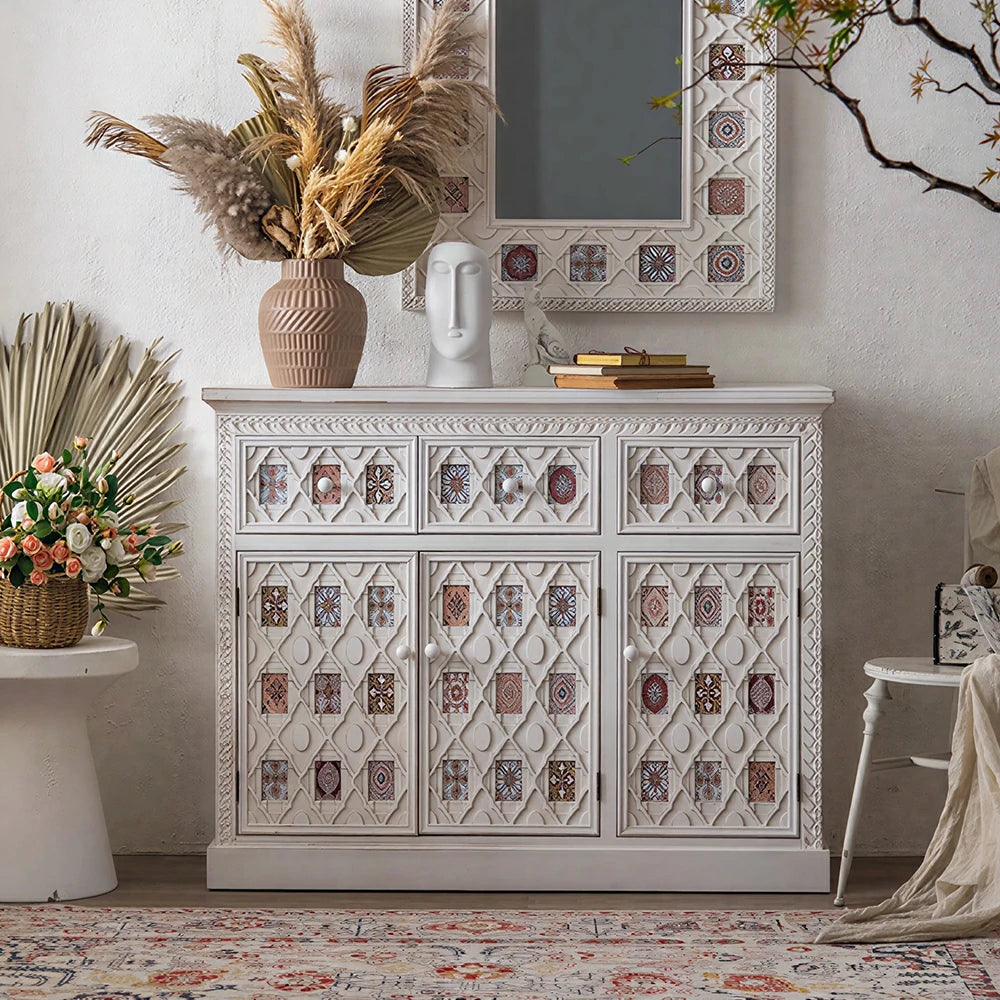 LUXORA Vintage Distressed Carved Entryway Cabinet with Patterned Doors 120cm Living Room Sideboard - White