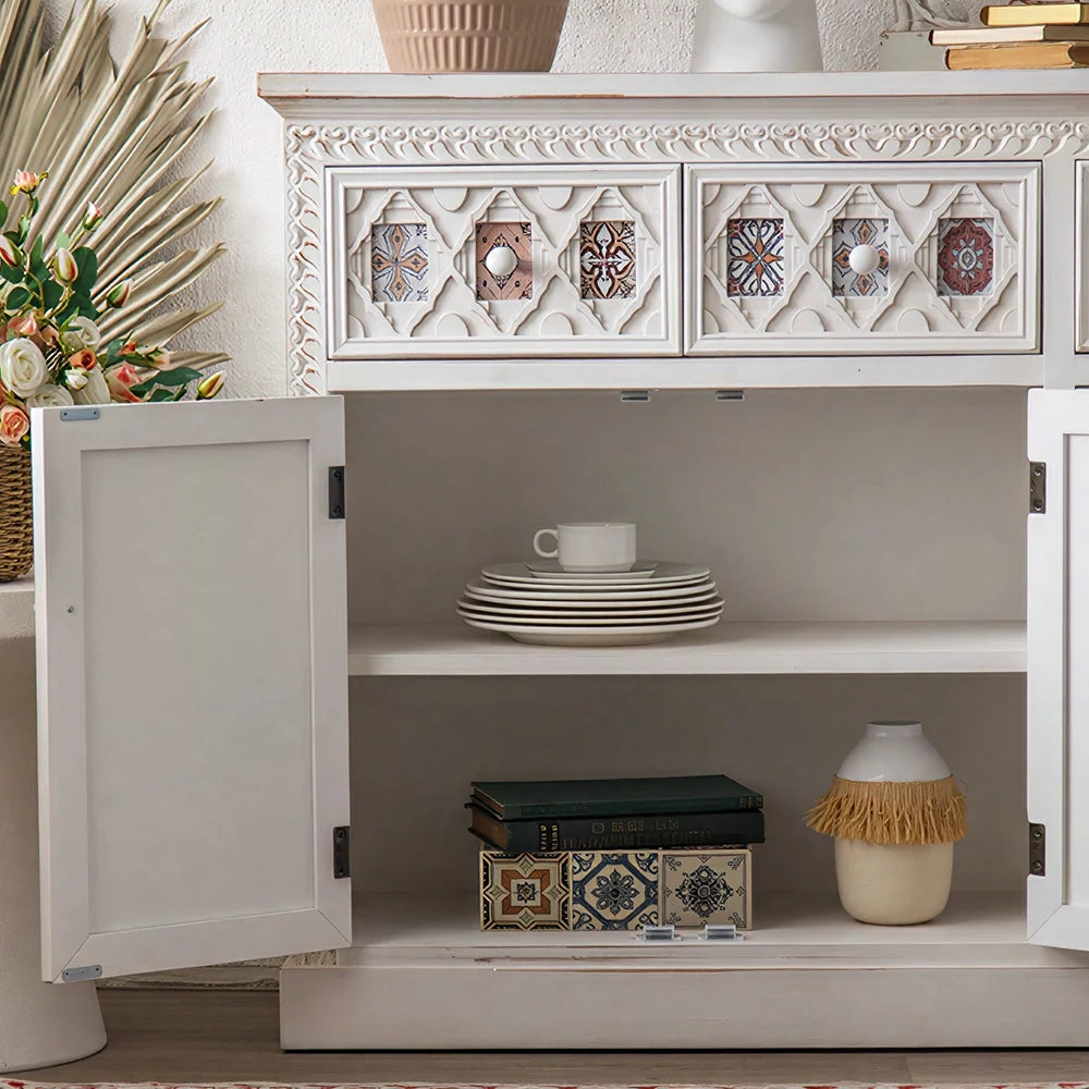 LUXORA Vintage Distressed Carved Entryway Cabinet with Patterned Doors 120cm Living Room Sideboard - White