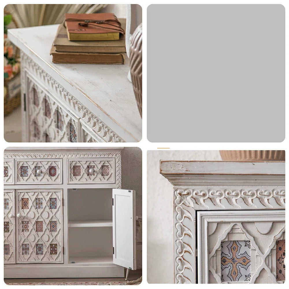 LUXORA Vintage Distressed Carved Entryway Cabinet with Patterned Doors 120cm Living Room Sideboard - White
