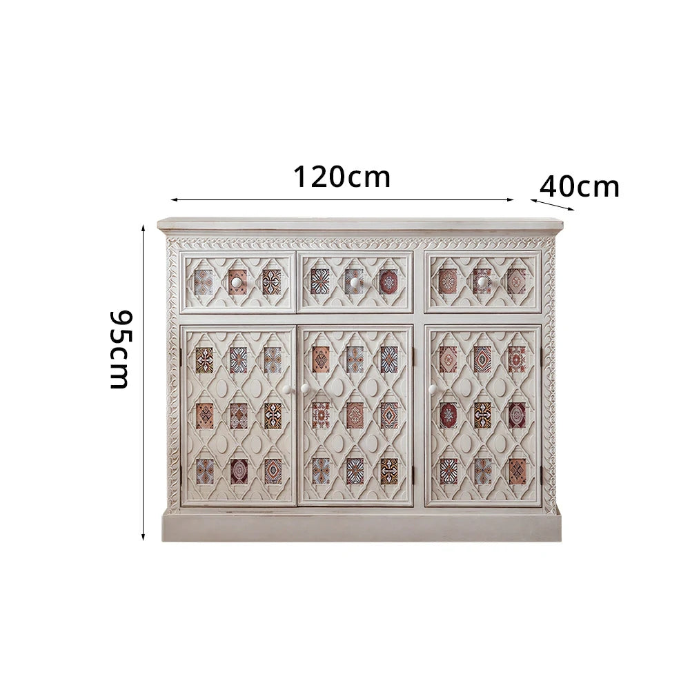 LUXORA Vintage Distressed Carved Entryway Cabinet with Patterned Doors 120cm Living Room Sideboard - White