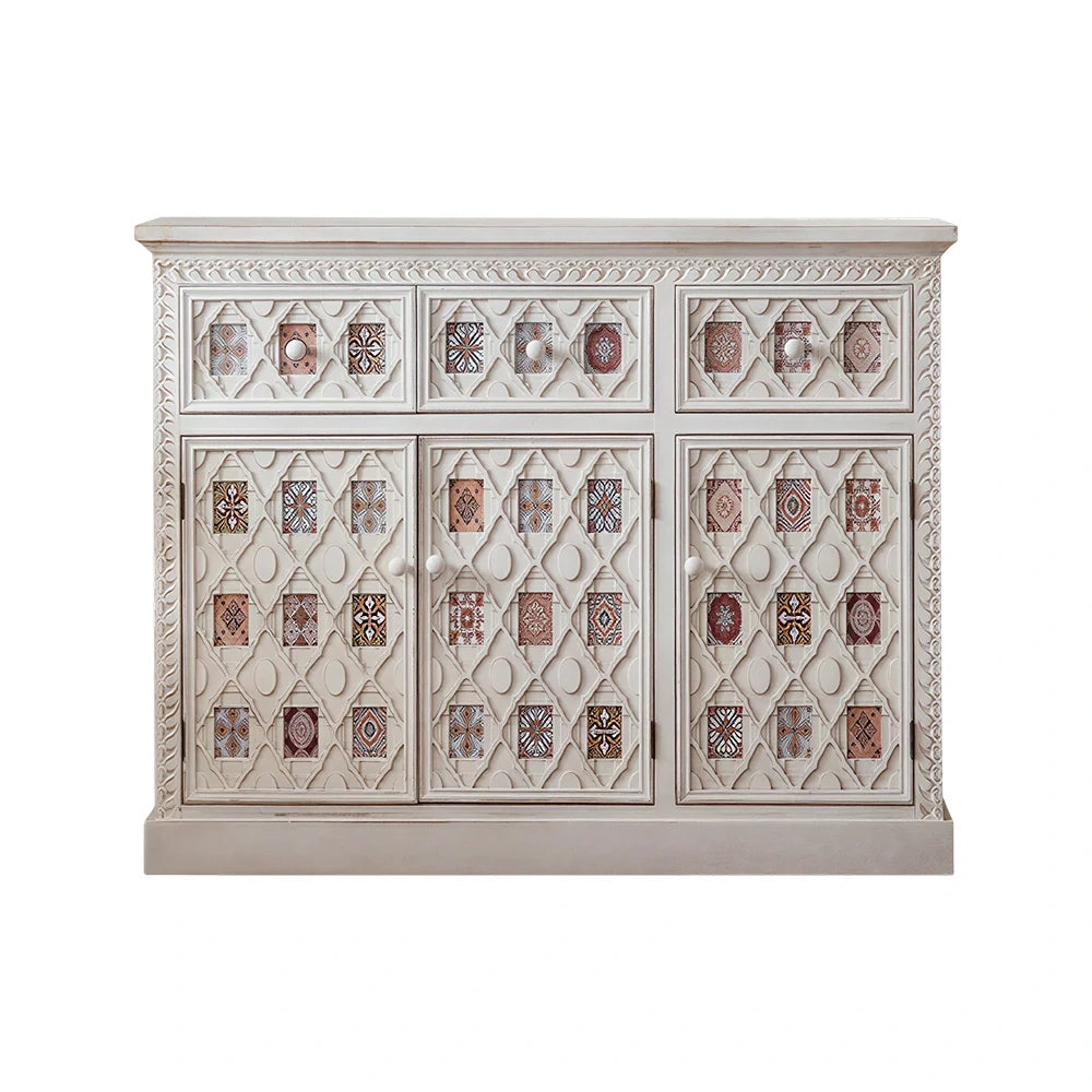 LUXORA Vintage Distressed Carved Entryway Cabinet with Patterned Doors 120cm Living Room Sideboard - White