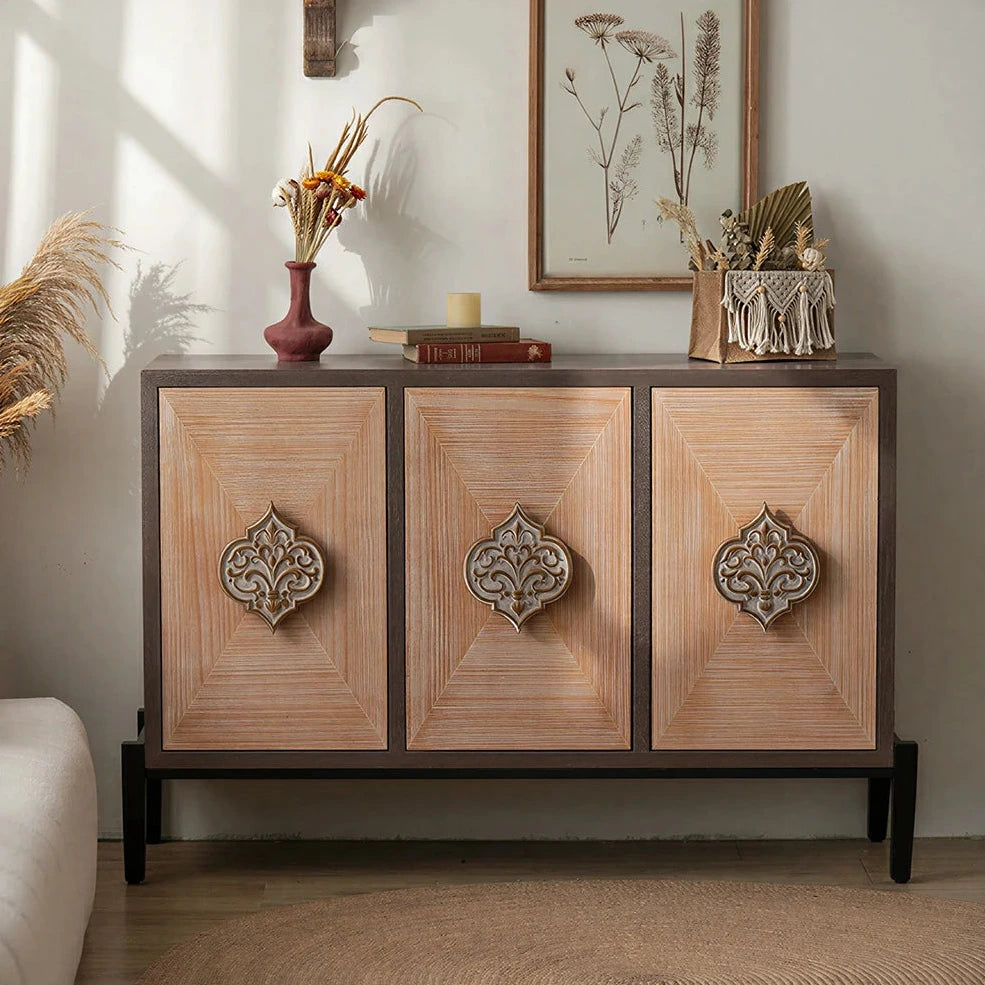 LIVARA Vintage Distressed Carved Entryway Cabinet with Metal Base 133.5cm Hallway Storage Sideboard - Natural Wood