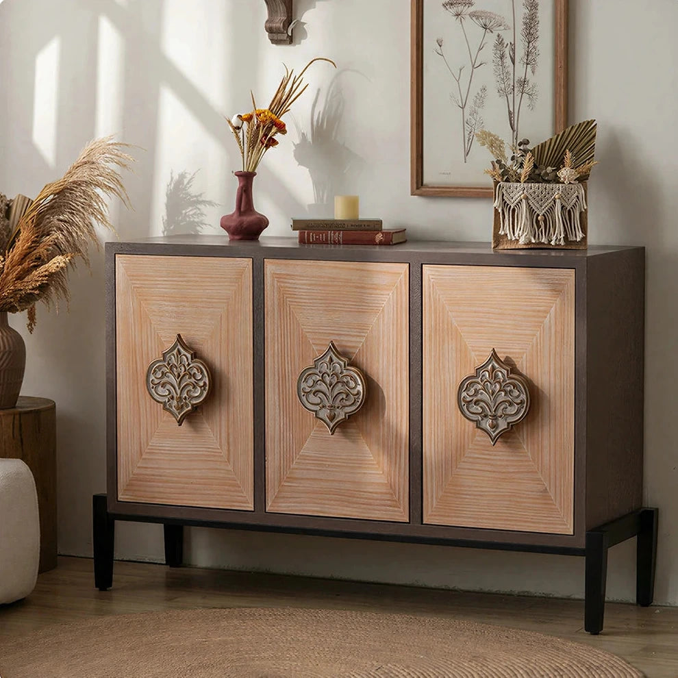 LIVARA Vintage Distressed Carved Entryway Cabinet with Metal Base 133.5cm Hallway Storage Sideboard - Natural Wood