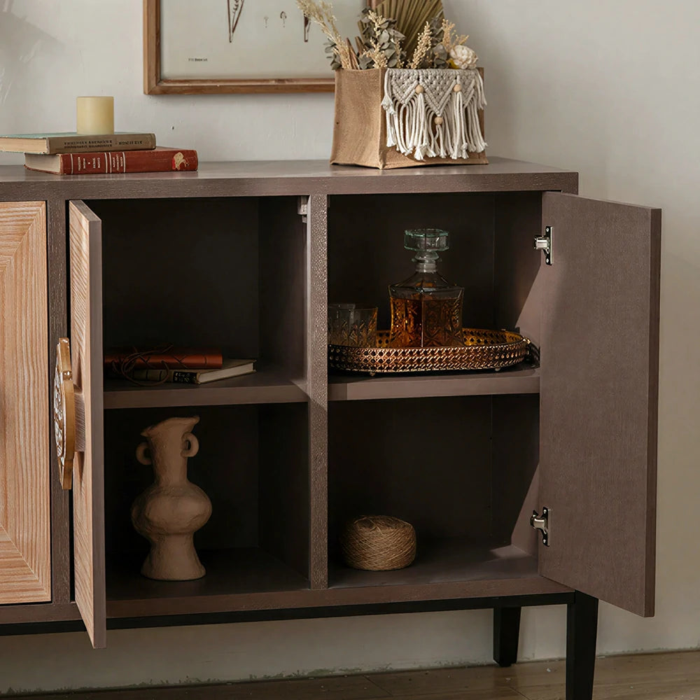 LIVARA Vintage Distressed Carved Entryway Cabinet with Metal Base 133.5cm Hallway Storage Sideboard - Natural Wood