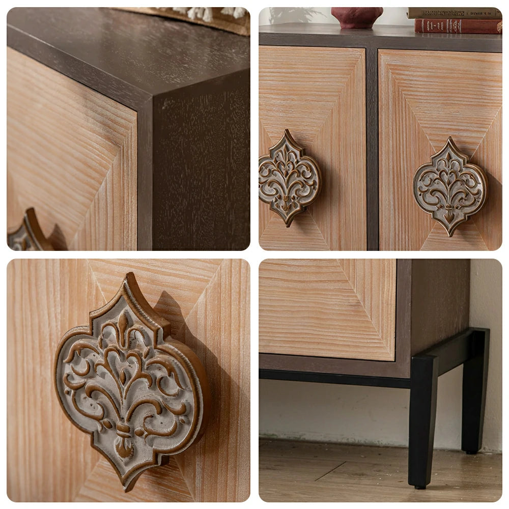 LIVARA Vintage Distressed Carved Entryway Cabinet with Metal Base 133.5cm Hallway Storage Sideboard - Natural Wood