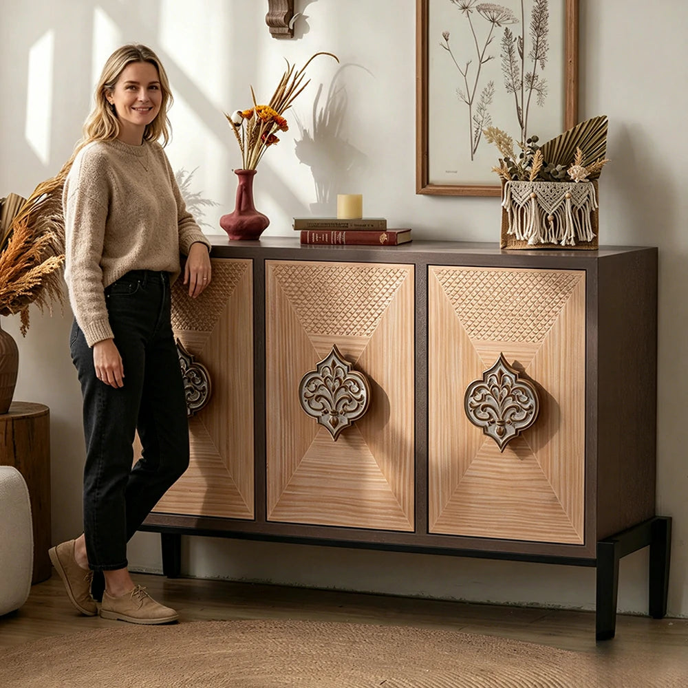 LIVARA Vintage Distressed Carved Entryway Cabinet with Metal Base 133.5cm Hallway Storage Sideboard - Natural Wood