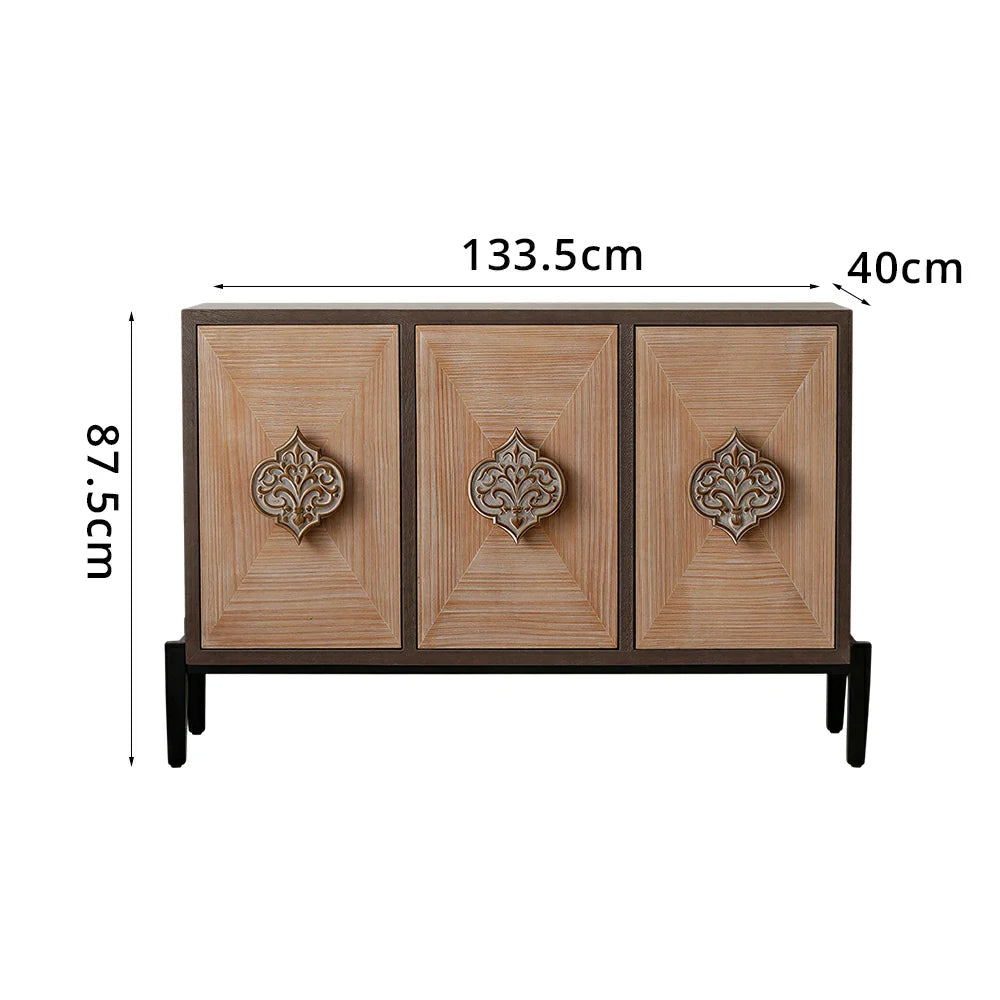 LIVARA Vintage Distressed Carved Entryway Cabinet with Metal Base 133.5cm Hallway Storage Sideboard - Natural Wood