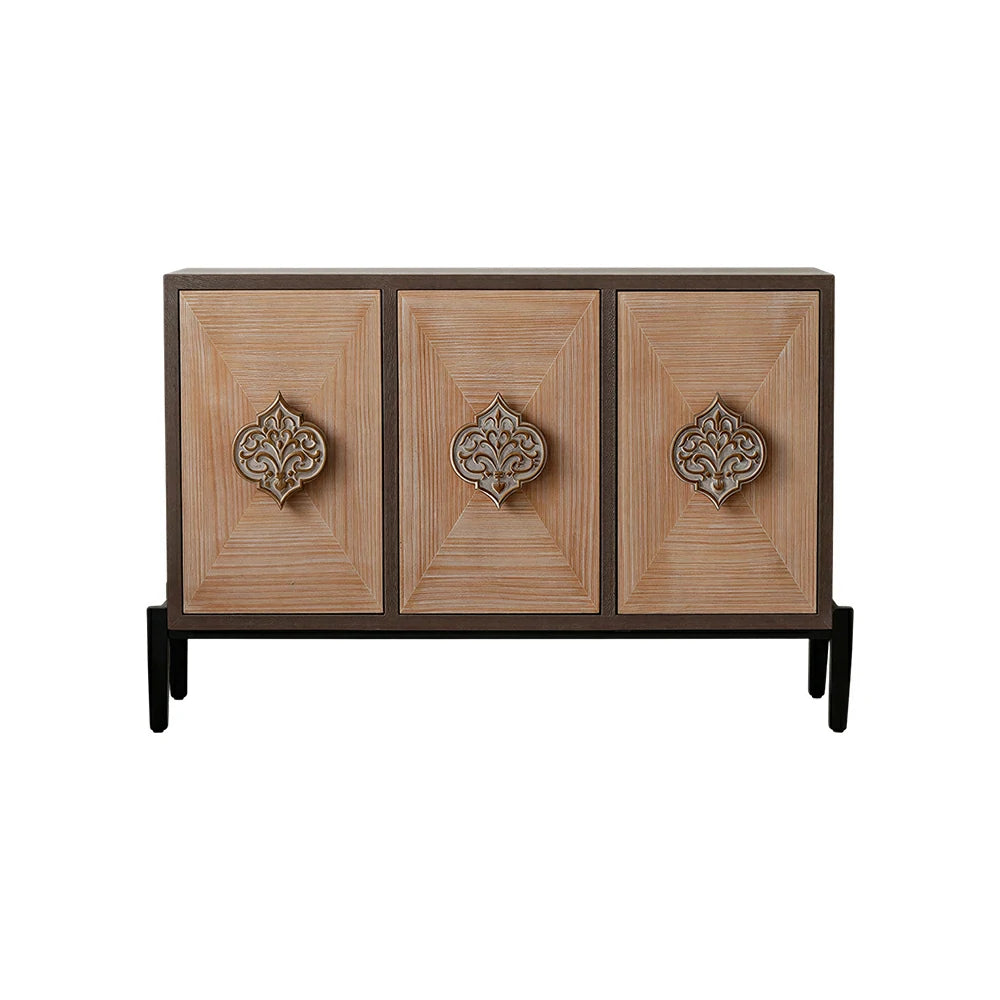 LIVARA Vintage Distressed Carved Entryway Cabinet with Metal Base 133.5cm Hallway Storage Sideboard - Natural Wood