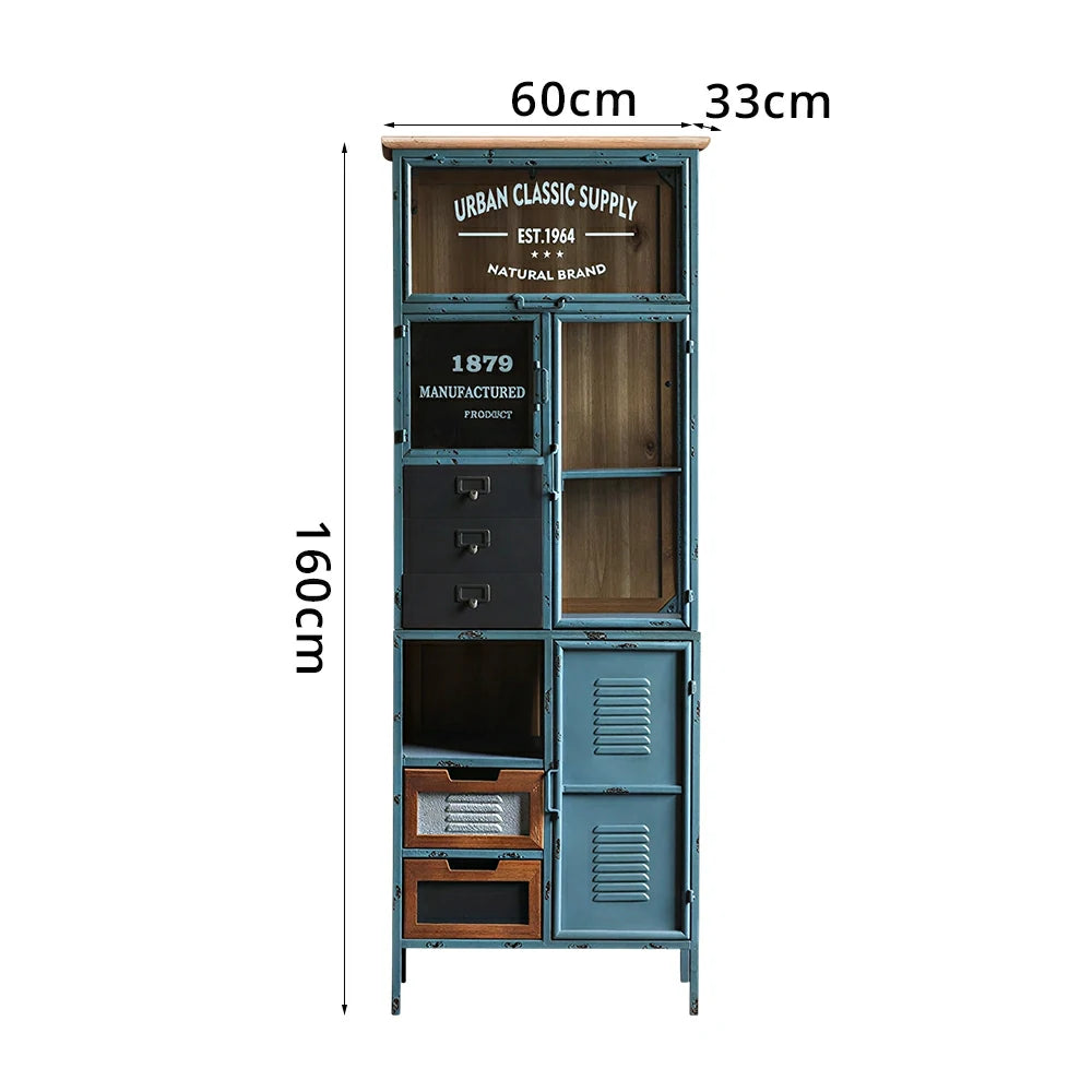 LUXORA Industrial Vintage Display Cabinet with Glass Doors and Drawers - 160cm Home Storage Bookcase - Distressed Blue