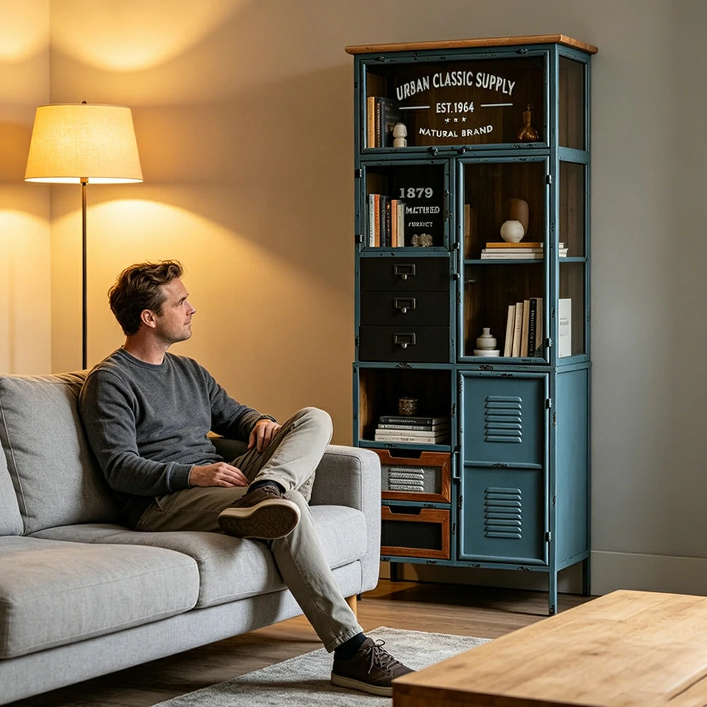 LUXORA Industrial Vintage Display Cabinet with Glass Doors and Drawers - 160cm Home Storage Bookcase - Distressed Blue