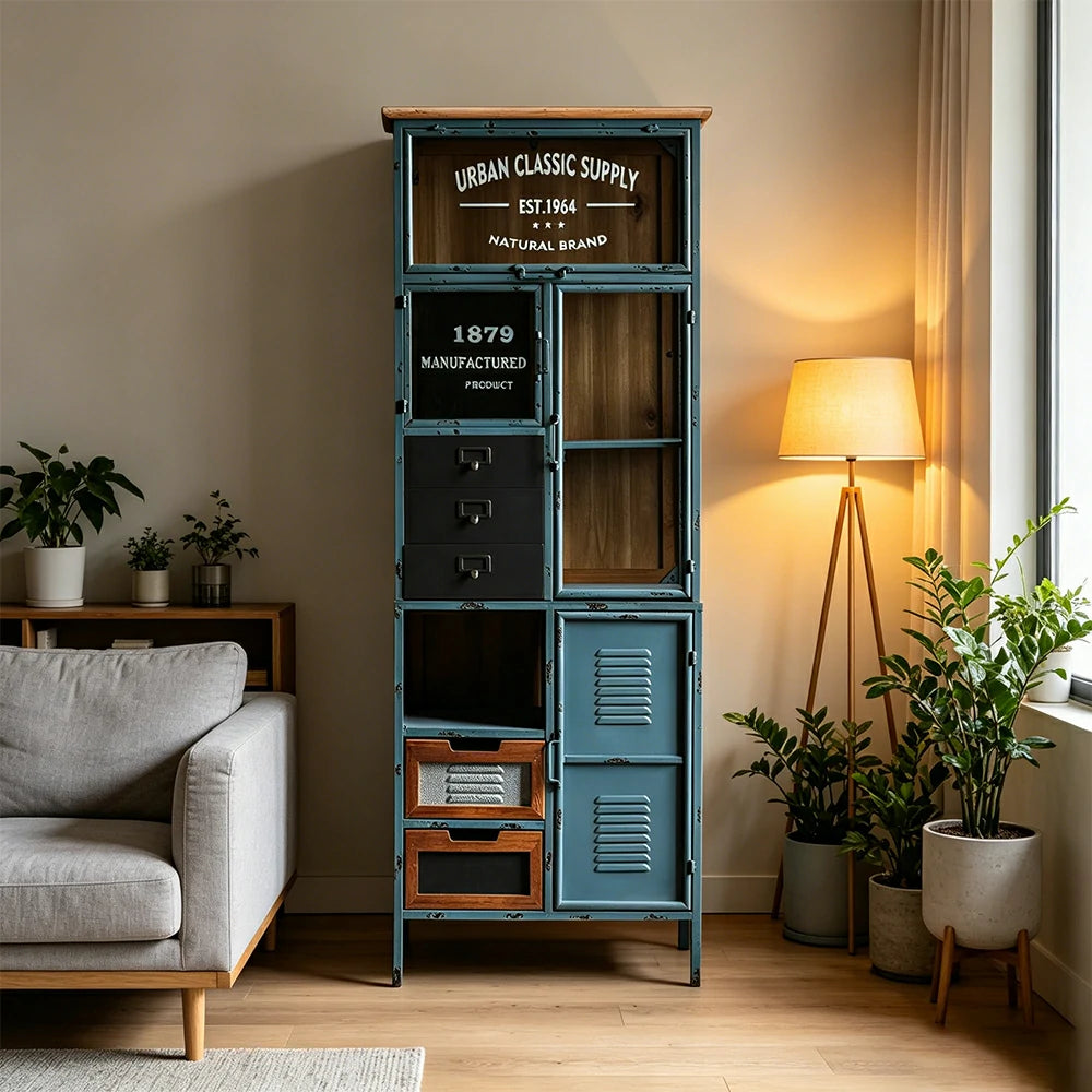 LUXORA Industrial Vintage Display Cabinet with Glass Doors and Drawers - 160cm Home Storage Bookcase - Distressed Blue