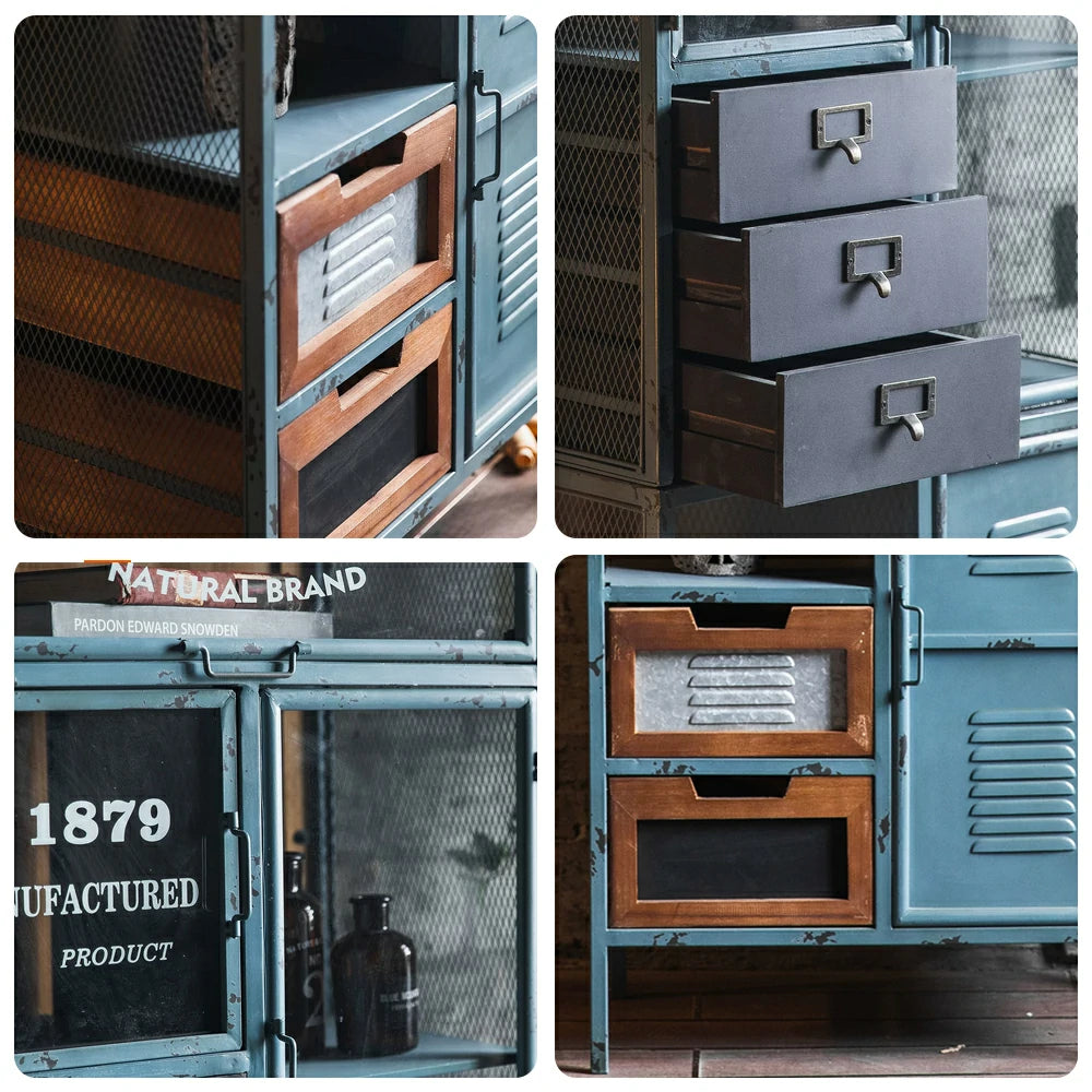 LUXORA Industrial Vintage Display Cabinet with Glass Doors and Drawers - 160cm Home Storage Bookcase - Distressed Blue