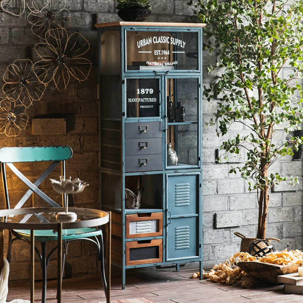 LUXORA Industrial Vintage Display Cabinet with Glass Doors and Drawers - 160cm Home Storage Bookcase - Distressed Blue