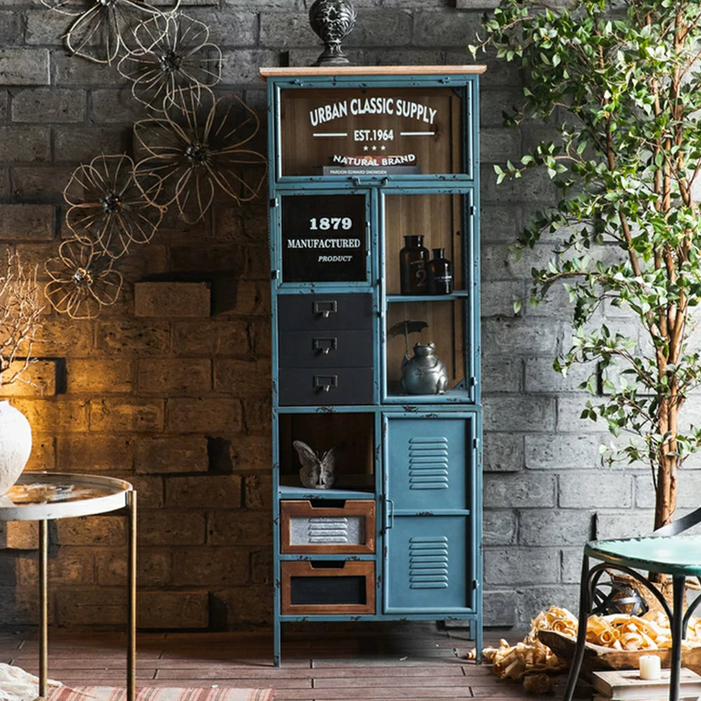 LUXORA Industrial Vintage Display Cabinet with Glass Doors and Drawers - 160cm Home Storage Bookcase - Distressed Blue
